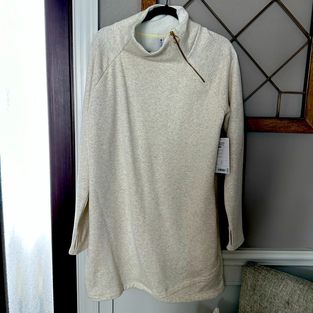 Cream Athleta women’s Cozy Karma Asym sweatshirt dress in size Large tall, NWT